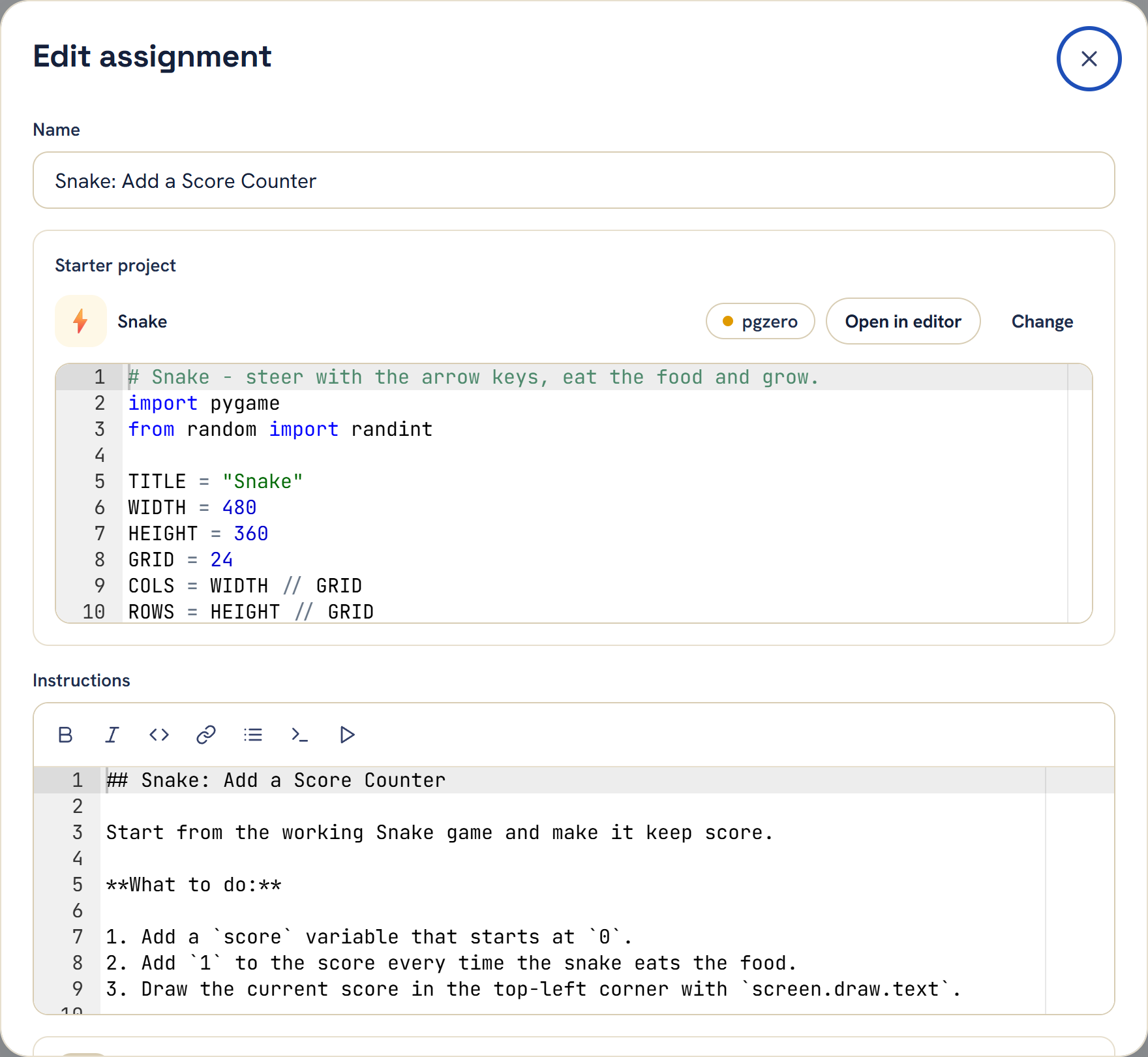 Setting an assignment with a starter project and instructions